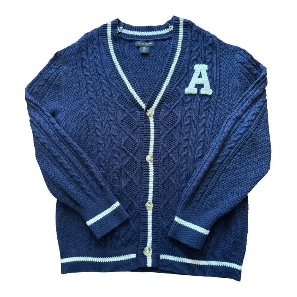 Art of Rhetoric V Neck Navy Blue Cable Knit Cardigan with Letter Patch Preppy